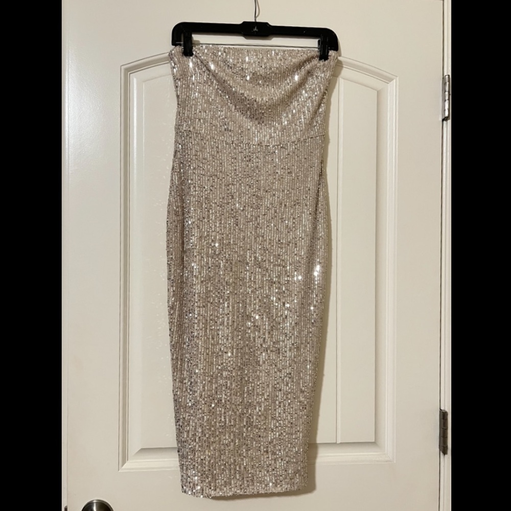 Champagne sequin midi strapless dress